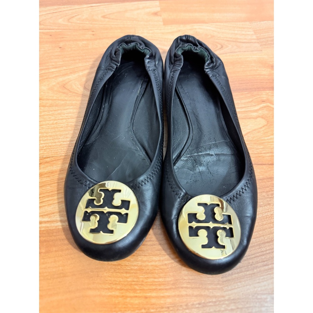 Tory Burch Womens Reva Comfort Ballet Flats Size 6.5 Black Leather Logo Designer